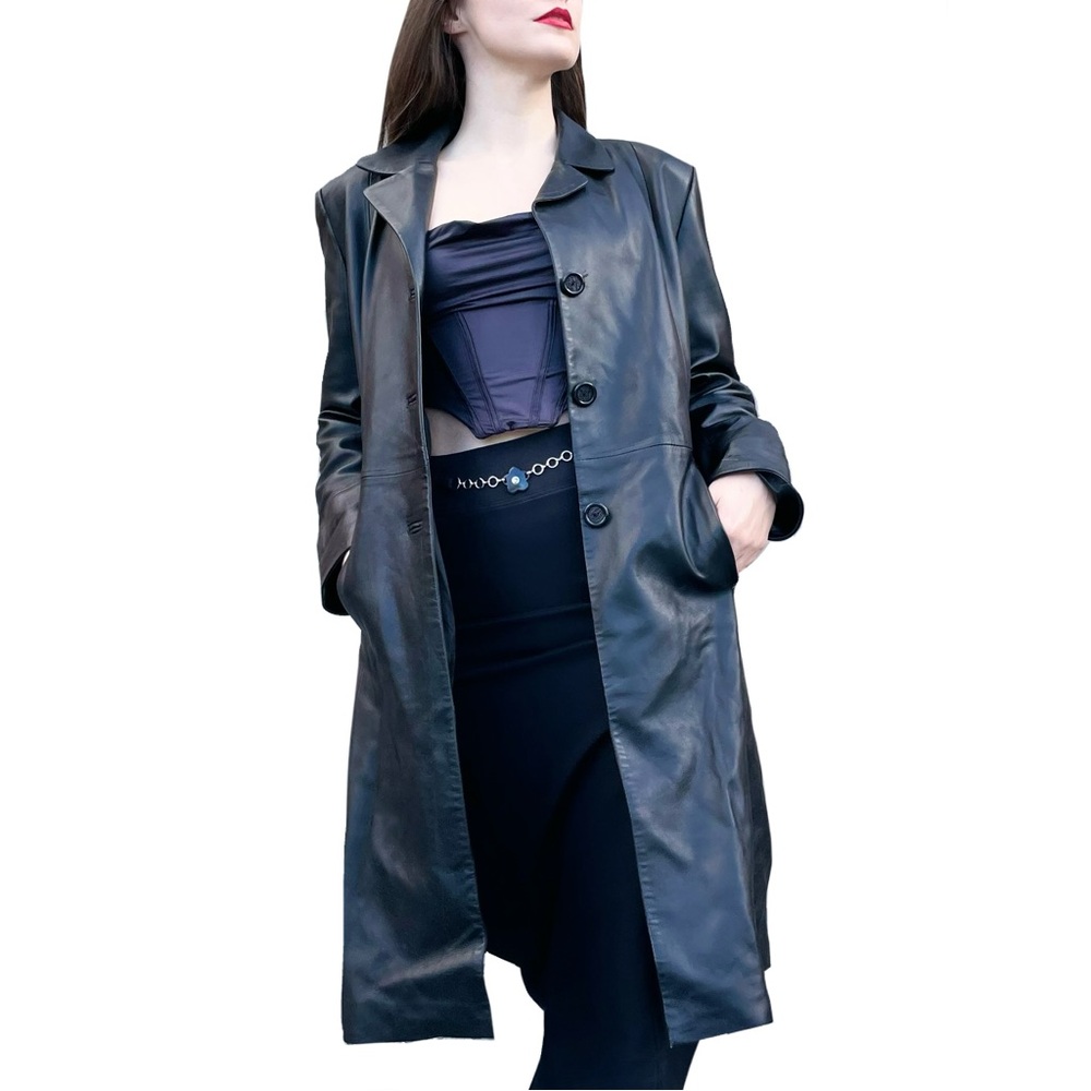 Vintage 90s Toppolino Black Soft Leather Long Duster Trench Coat Jacket M